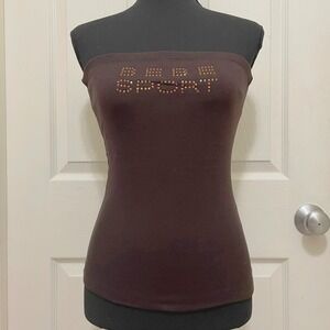 Vintage Bebe Sport Tube Top Brown Ribbed Rhinestone NWT McBling Y2K USA Made L